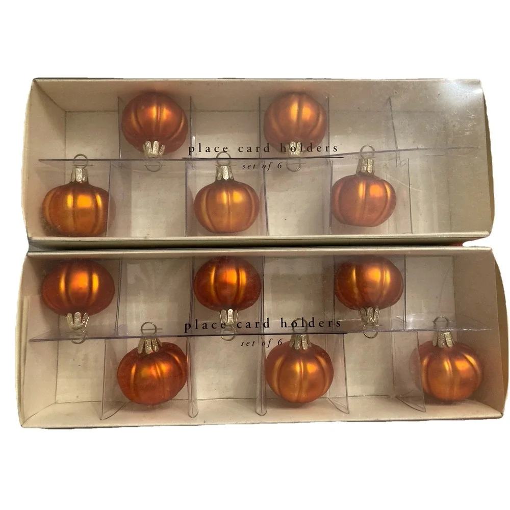 2 Sets Pier 1 Pumpkin Place Card Holders Set of 11 Fall‎ Thanksgiving Glass